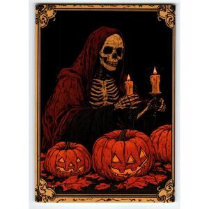 Vintage Halloween Skeleton with Jack-O'-Lanterns Chrome Postcard 5.5x4